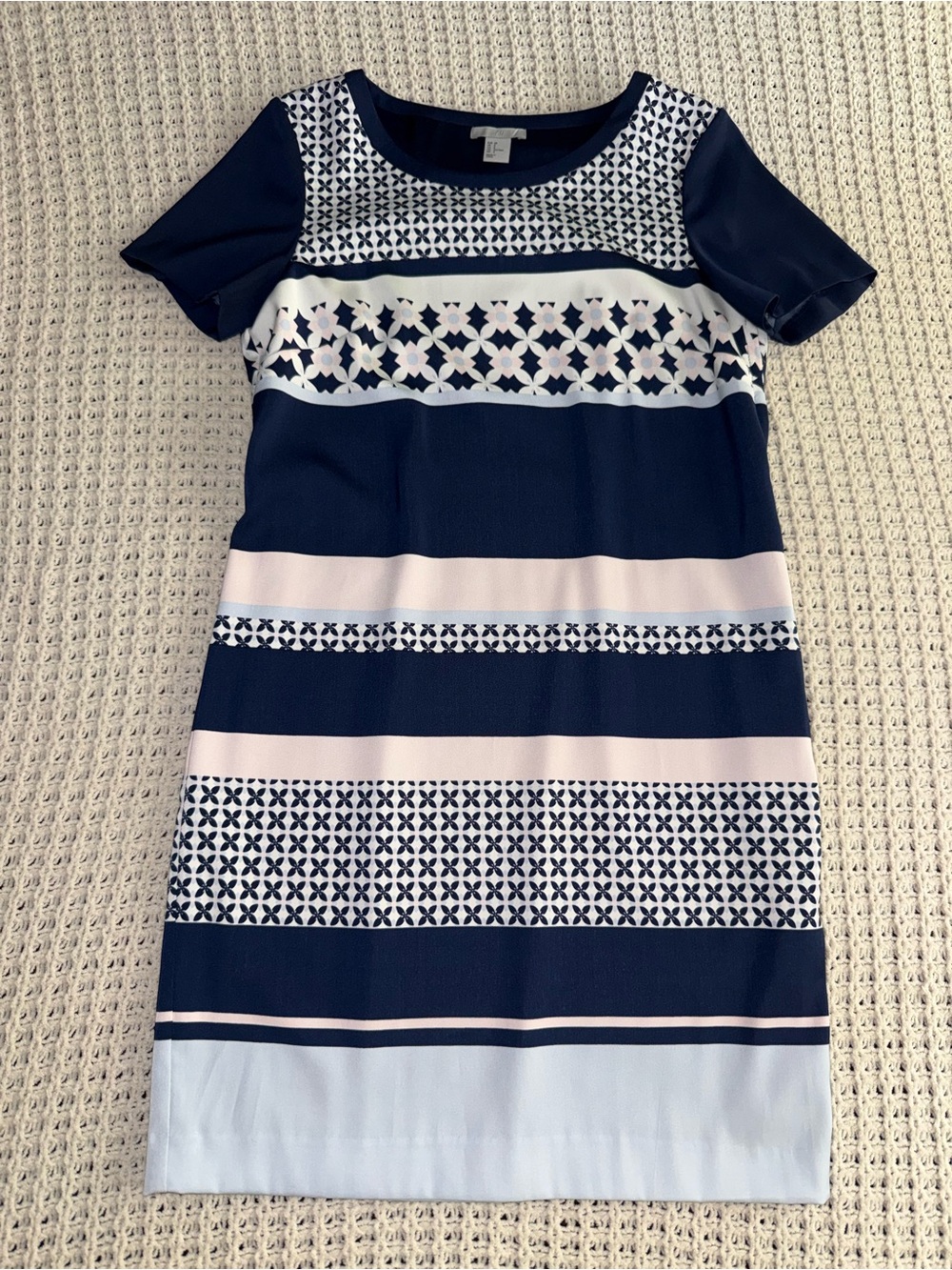 H&M Navy, White and Soft Pink Striped Short Sleeve Shift Dress